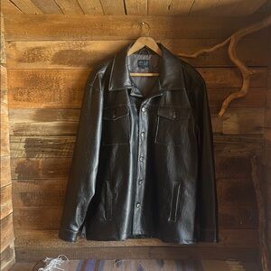 Men's Black Leather Button-Front Bomber Jacket